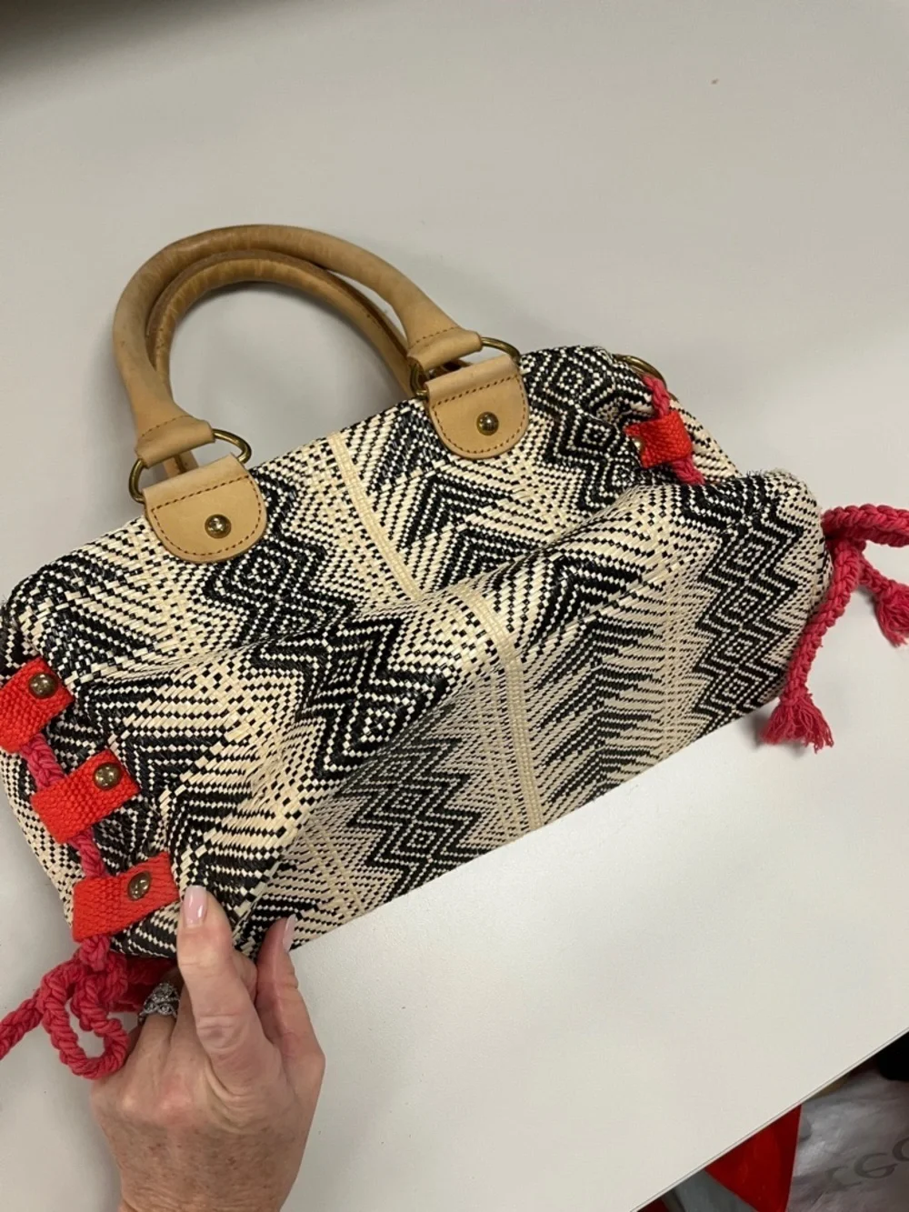 Miss Albright Speciality Woven Chevron Satchel Handbag in Black, Cream & Red